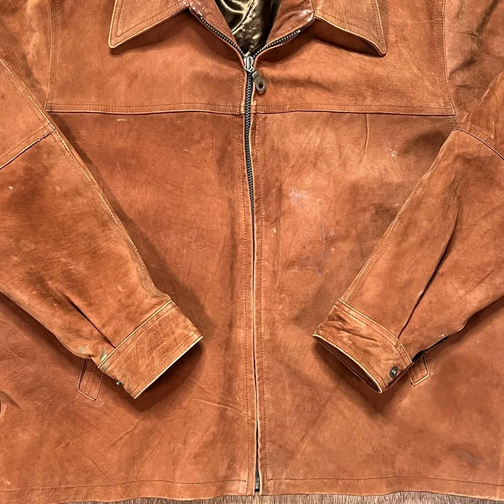 Vintage Western Brown Suede Leather Jacket Oklahoma State Seal Buttons XL - Picture 4 of 11